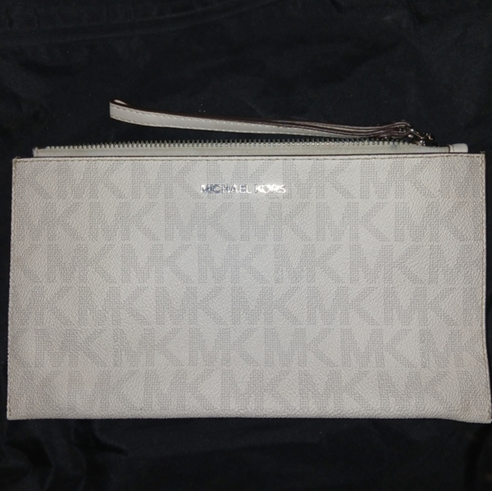 Michael Kors Silver and White Clutch with Monogram Design